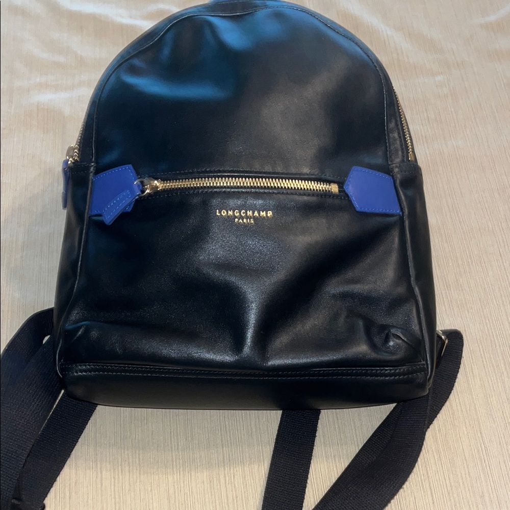 Longchamp Backpack in Black with Blue Leather Details